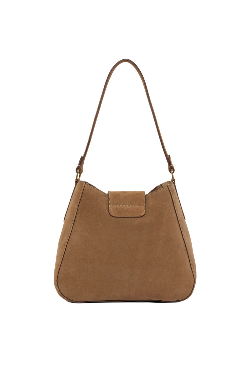 Tusting Hazel in Date Suede shoulder bag with adjustable strap and sleek design, featuring smooth suede material and subtle branding.