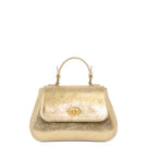 Mini Holly in gold suede TUSTING top handle bag with elegant design and compact size, featuring a sleek gold finish.
