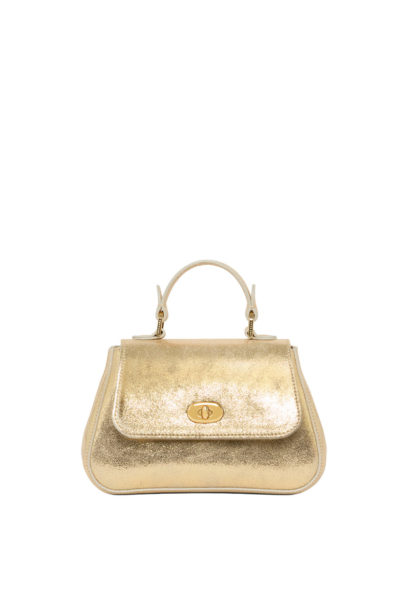 Mini Holly in gold suede TUSTING top handle bag with gold hardware and compact design.