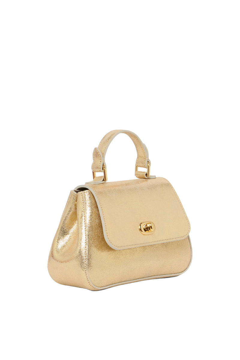 Mini Holly in gold suede, TUSTING top handle bag with elegant design and gold-tone hardware, showcasing a stylish compact accessory.