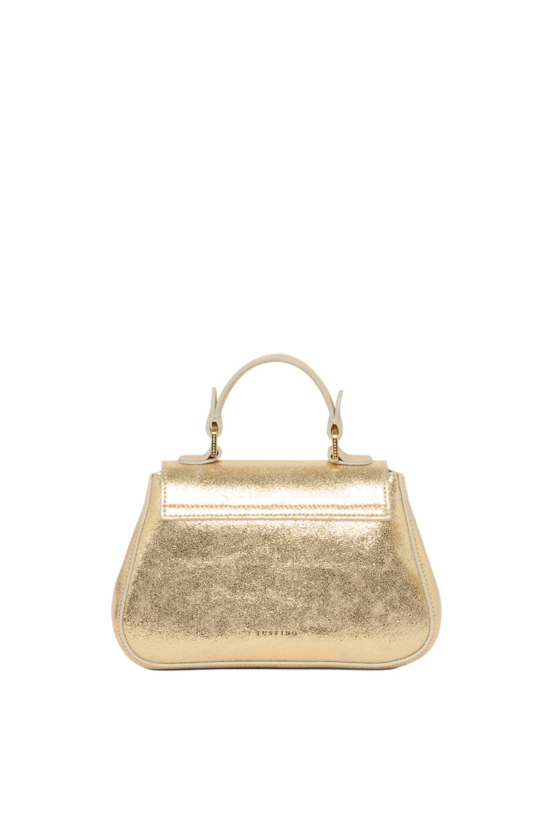 Mini Holly gold suede top handle bag by Tusting with a sleek design and gold-tone hardware.