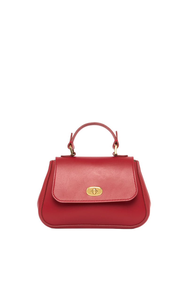 TUSTING Mini Holly crimson top handle bag with sleek design and gold-tone hardware, featuring a compact, elegant silhouette.