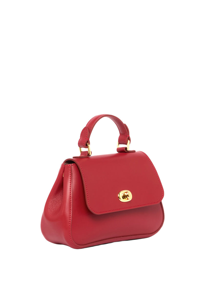 Mini Holly in Crimson TUSTING top handle bag with sleek design and small size, featuring a vibrant crimson color.