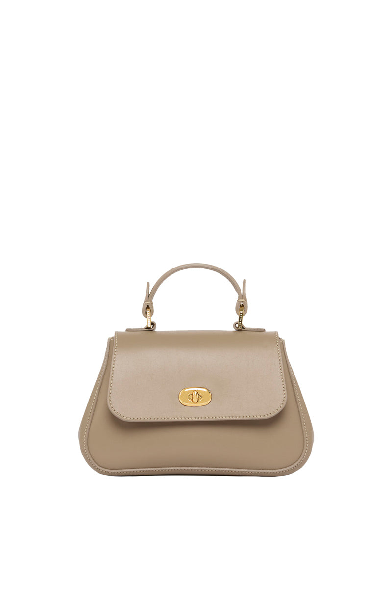 Mini Holly taupe top handle bag by TUSTING, featuring sleek design and compact size with a top handle and stylish details.