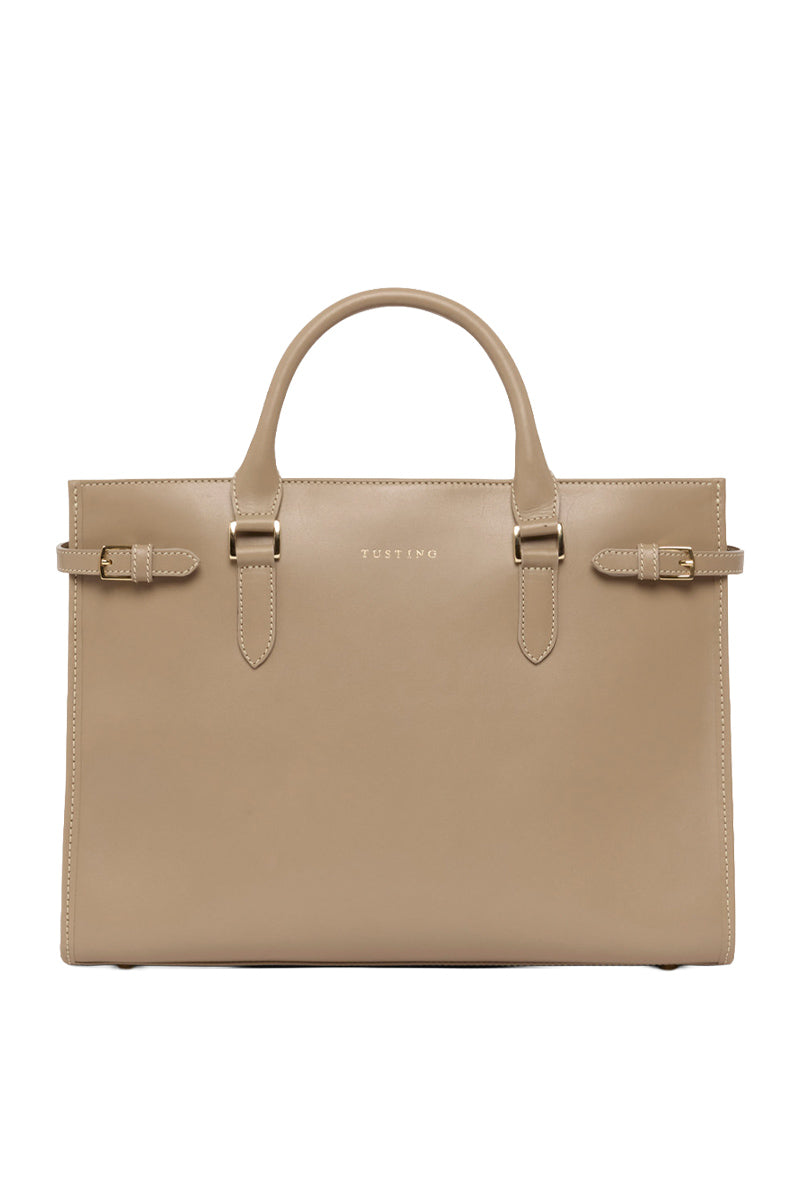 Taupe TUSTING KIMBOLTON top handle bag with sleek design and gold-tone hardware, featuring structured silhouette and elegant craftsmanship.