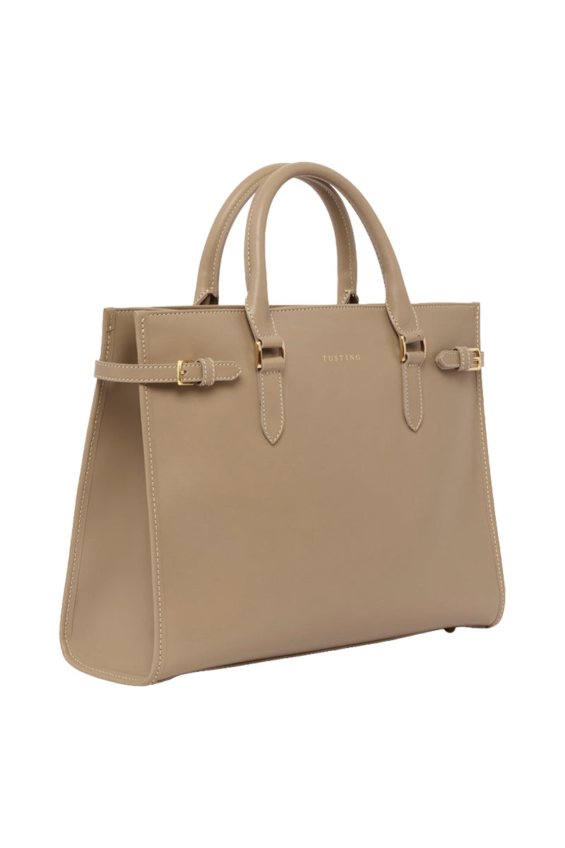 Tusting Kimboldon taupe top handle bag with structured design and sleek leather finish, featuring a top handle and subtle branding.