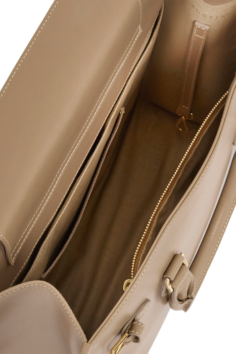Taupe TUSTING KIMBOLTON top handle bag with structured design and gold-tone hardware, shown from a front view.