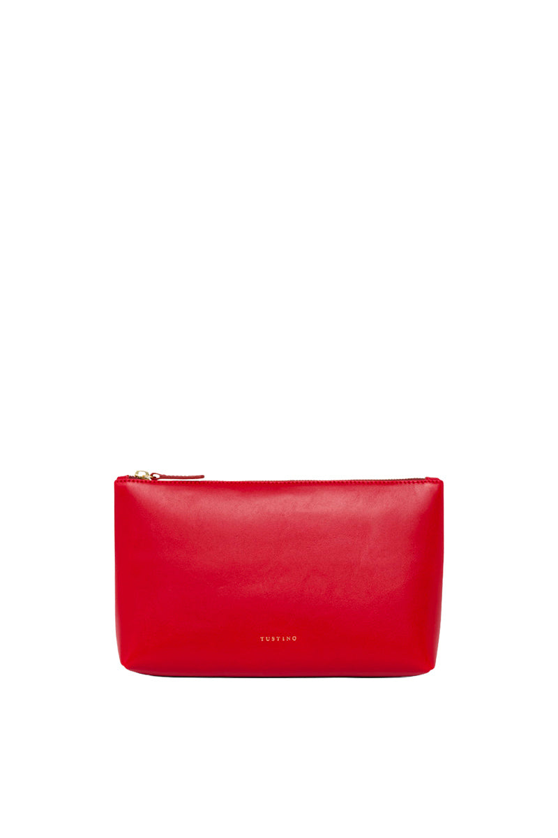 TUSTING crimson leather pouch with top handle, featuring a sleek design and compact size for stylish carrying.