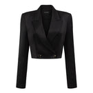 I.H.F Studio cropped open front blazer made of shiny taffeta fabric, stylish blazer with a modern open front design.