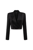 I.H.F Studio cropped open front blazer made of shiny taffeta fabric, stylish blazer with a modern open front design.