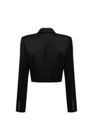 I.H.F Studio cropped open front taffeta blazer with long sleeves and tailored fit, stylish and versatile for modern wardrobe.