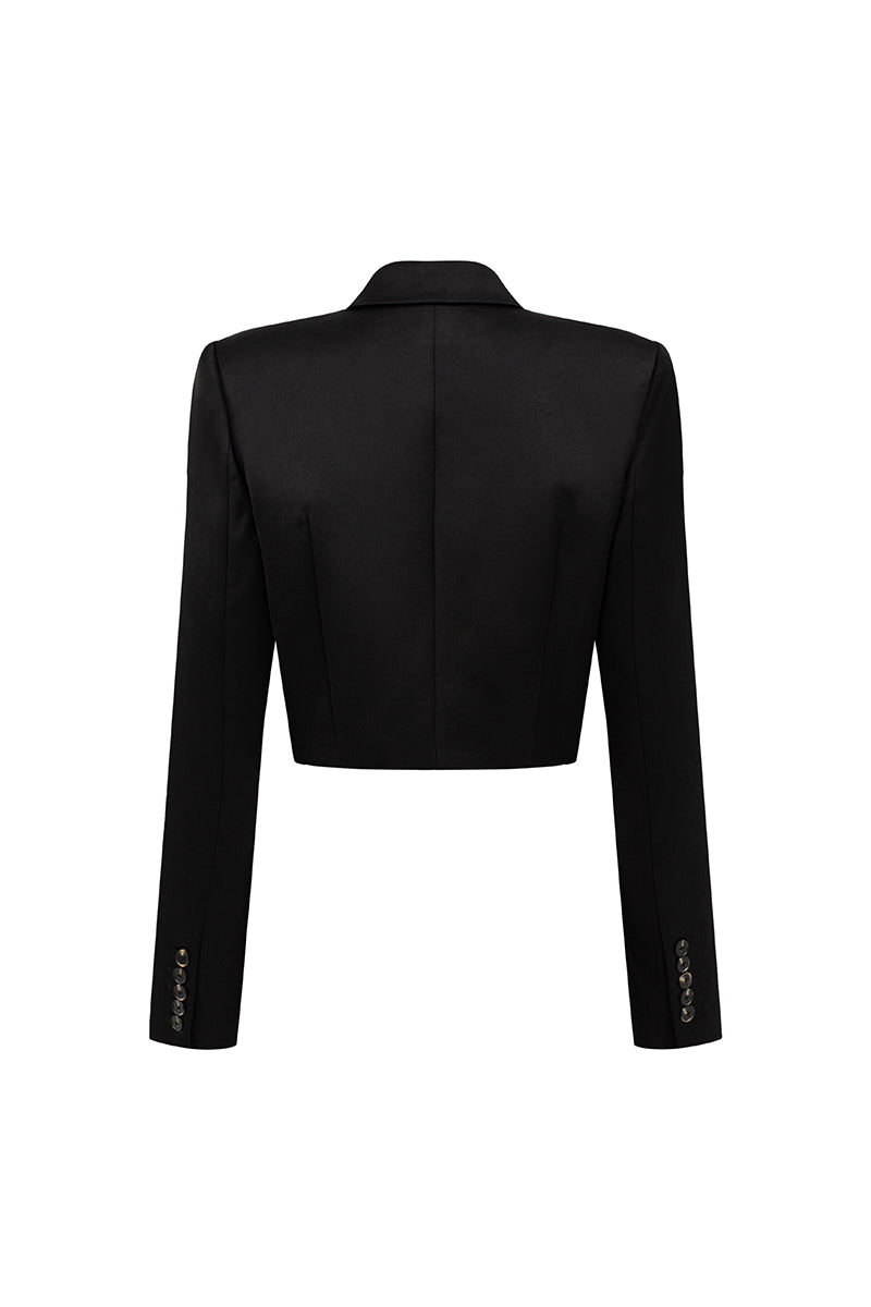 I.H.F Studio cropped open front taffeta blazer with long sleeves and tailored fit, stylish and versatile for modern wardrobe.