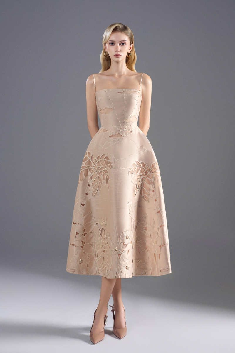 ROSEE de MATIN TAFFETA A-LINE MIDI DRESS IN BEIGE