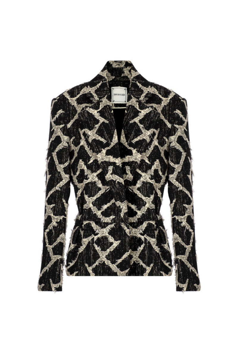 Tailored black jacket with gold buttons by Tayfun Kaba, showcasing a sleek design and structured fit.