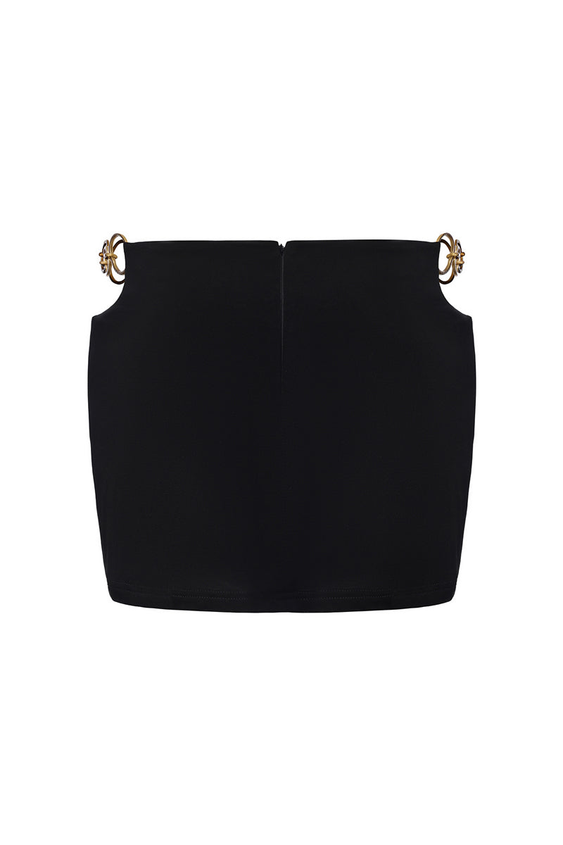Black Tallulah mini skirt by Nana Jacqueline with ring cutout design and back view.