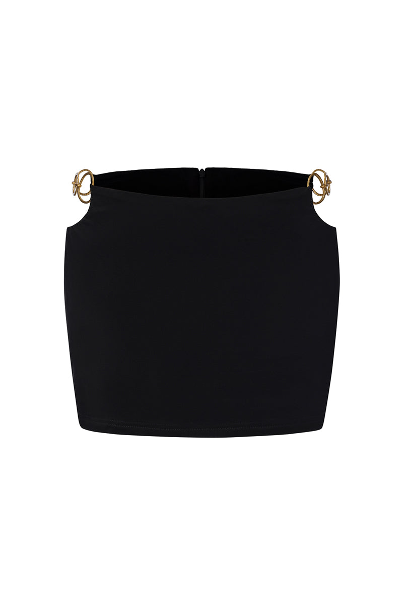 Black Tallulah mini skirt by Nana Jacqueline featuring ring cutout design, shown from the front.