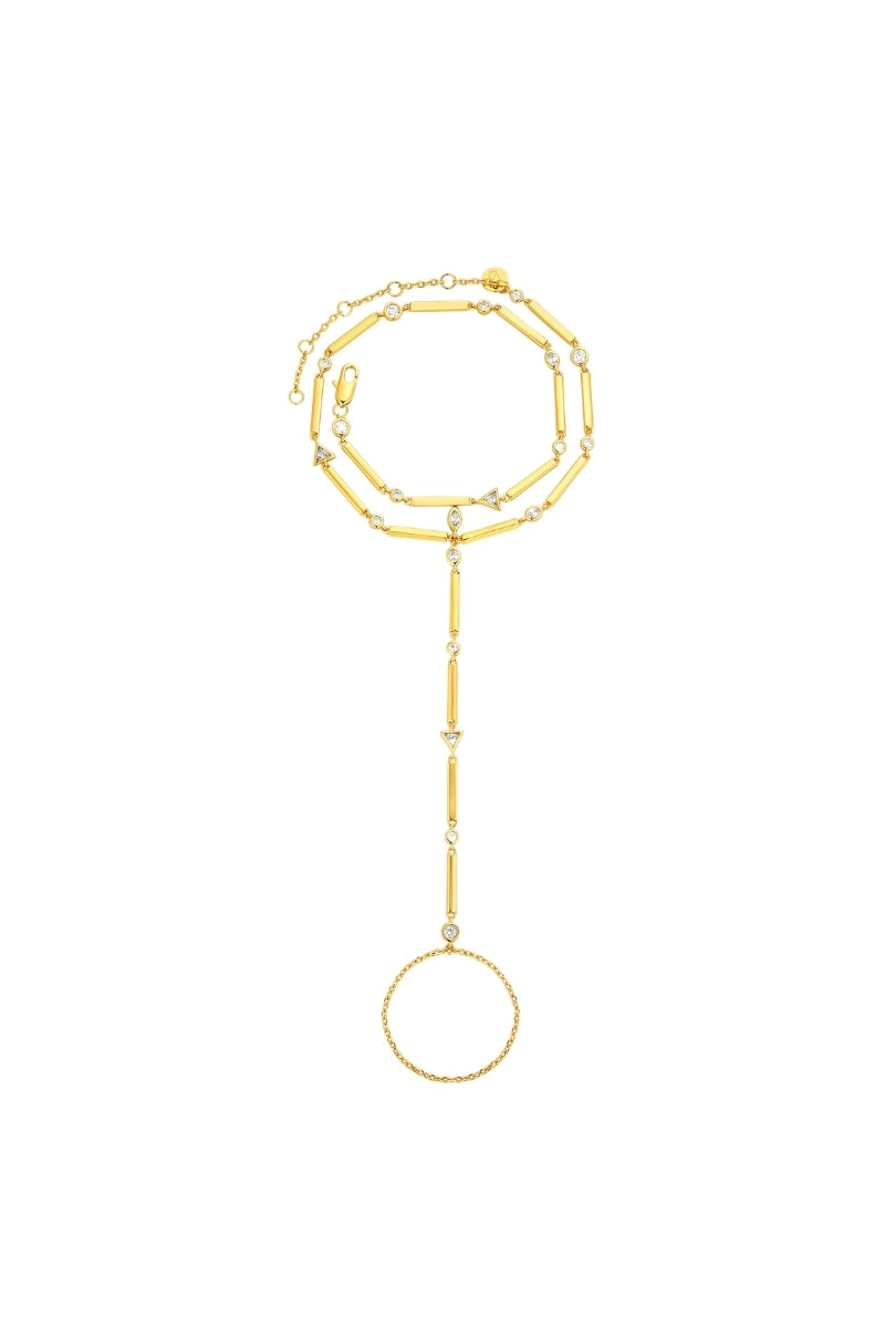 Gold Tania hand chain bracelet by Velvet Desert featuring intricate design and delicate chain details.