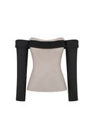 Taupe corset top with black sleeves by ELENAREVA, featuring fitted design and stylish contrast sleeves.
