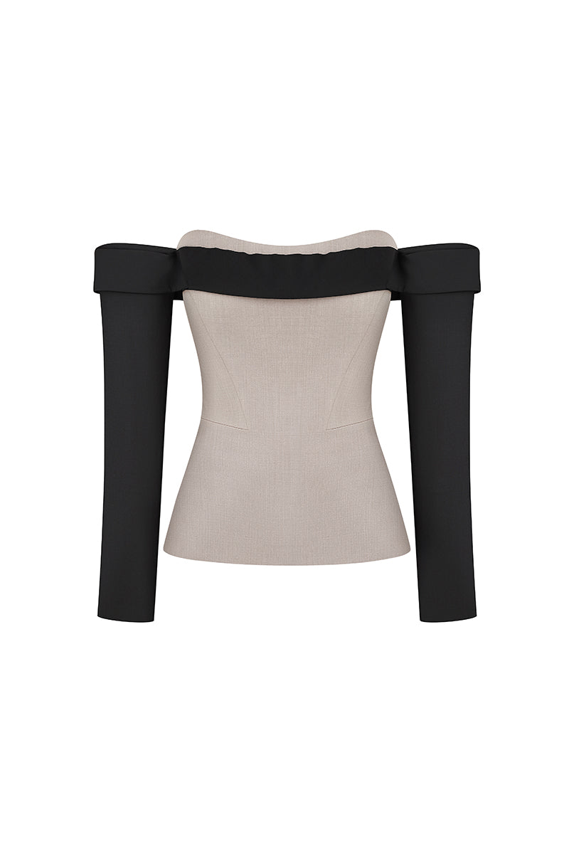 Taupe corset top with black sleeves by ELENAREVA, featuring fitted design and stylish contrast sleeves.