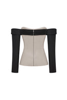 Taupe corset top with black long sleeves from ELENAREVA, showing a fitted design and contrasting sleeve details.