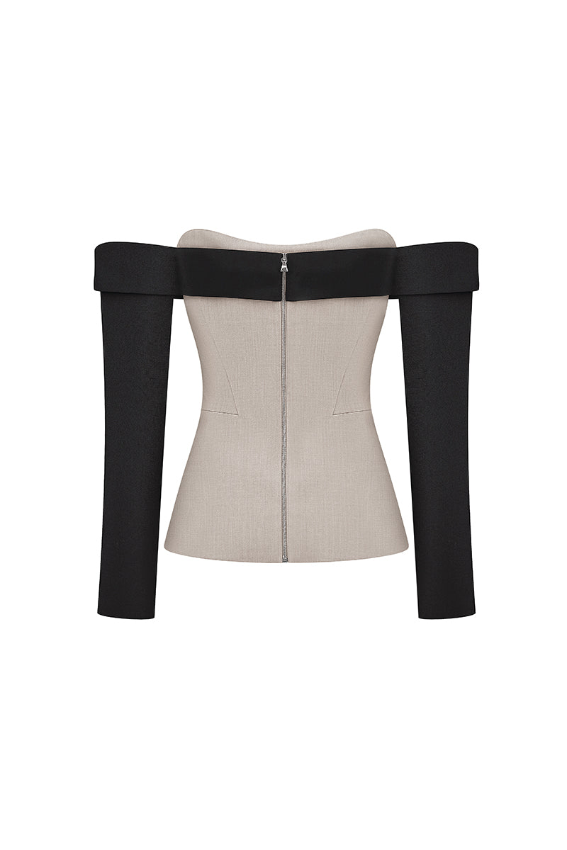Taupe corset top with black long sleeves from ELENAREVA, showing a fitted design and contrasting sleeve details.