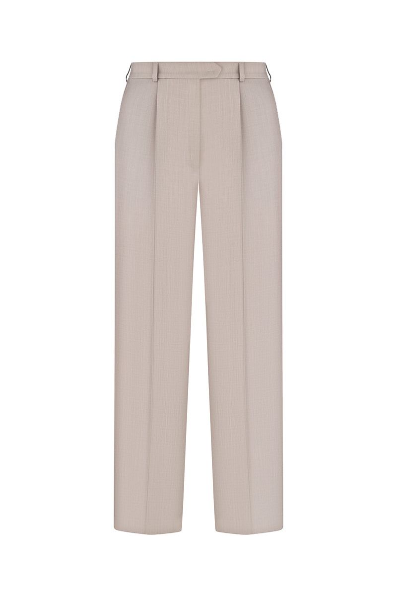Taupe straight-leg trousers by ELENAREVA, shown in gray, featuring a tailored fit and classic design for versatile styling.
