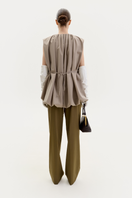 Taupe ELENAREVA vest with front zipper and waist belt, stylish sleeveless outerwear for casual or layered outfits.