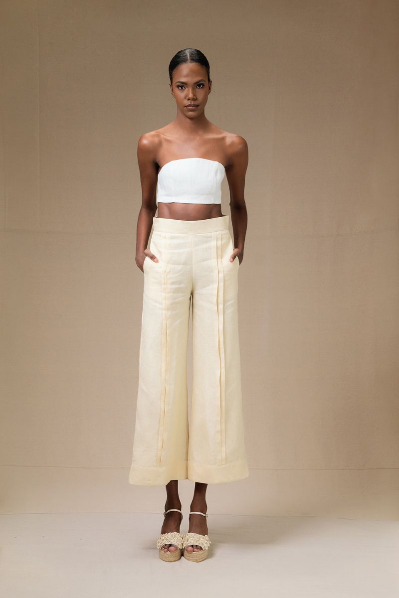 Yellow Terra Pants by Ana + Maria featuring a relaxed fit and lightweight fabric, perfect for casual wear.