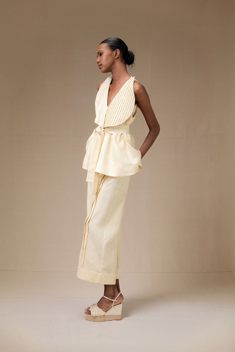 Yellow Terra pants by Ana + Maria, showcasing relaxed fit and soft fabric in butter yellow color.