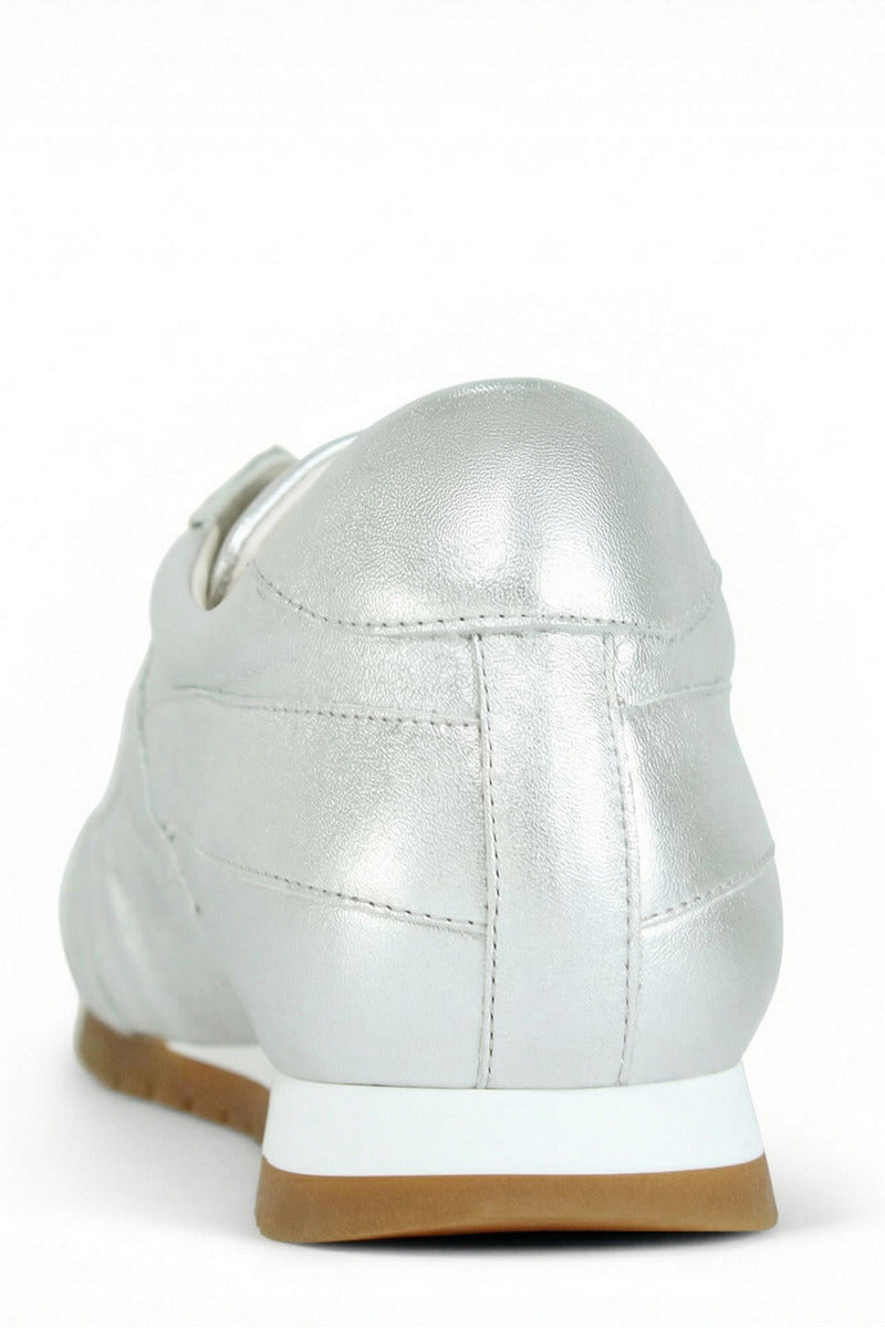 Silver Terry de Havilland jogger bolt flats with sleek design and metallic finish, shown on a white background.