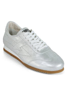Silver Terry de Havilland jogger bolt flats shown from a side view, highlighting sleek design and metallic finish.