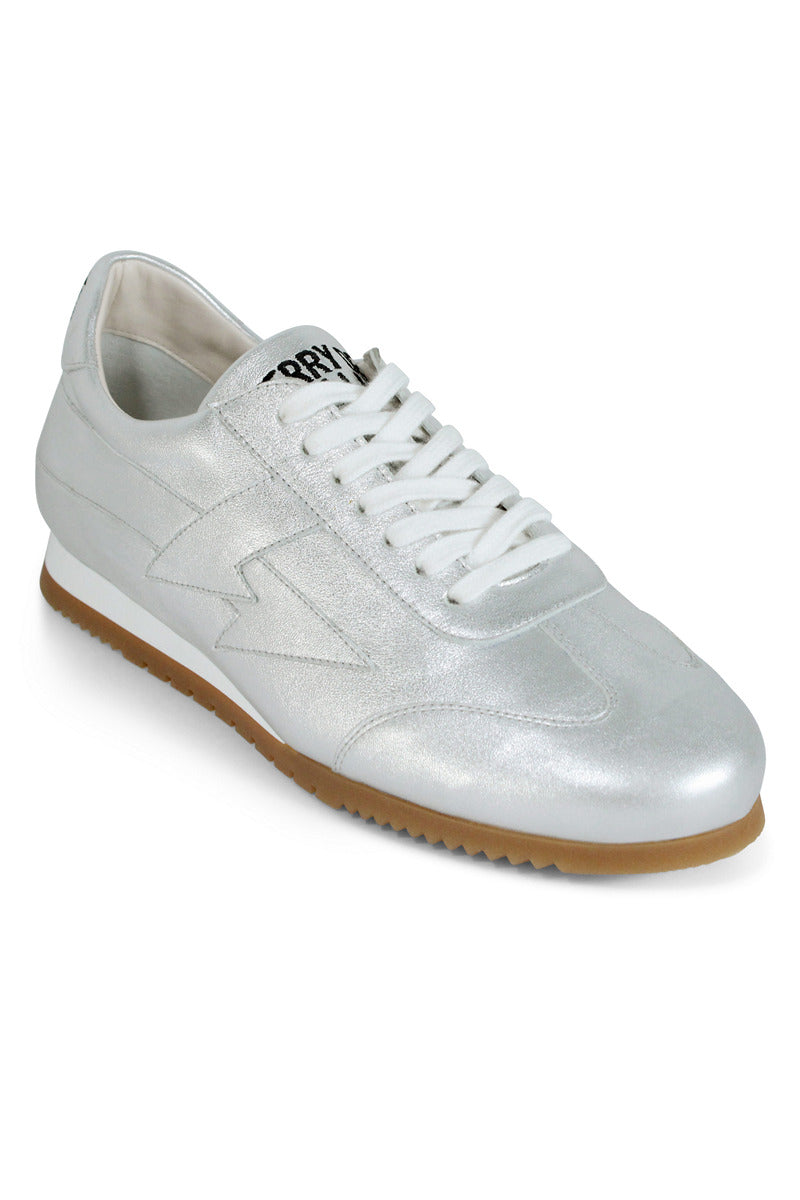 Silver Terry de Havilland jogger bolt flats shown from a side view, highlighting sleek design and metallic finish.