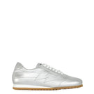 Silver Terry de Havilland jogger bolt flats showing front view with sleek metallic finish and classic design.