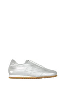 Silver Terry de Havilland jogger bolt flats showing front view with sleek metallic finish and classic design.