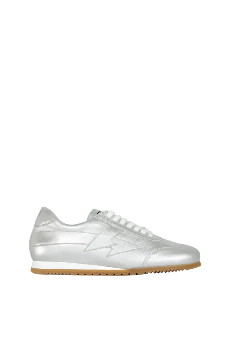 Silver Terry de Havilland jogger bolt flats showing front view with sleek metallic finish and classic design.
