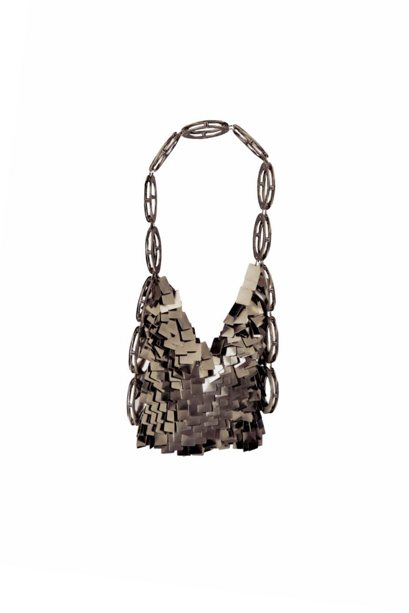 Millanne Tale Thais Silver Shoulder Bag with sleek design, shown on white background, featuring elegant silver material and compact size.