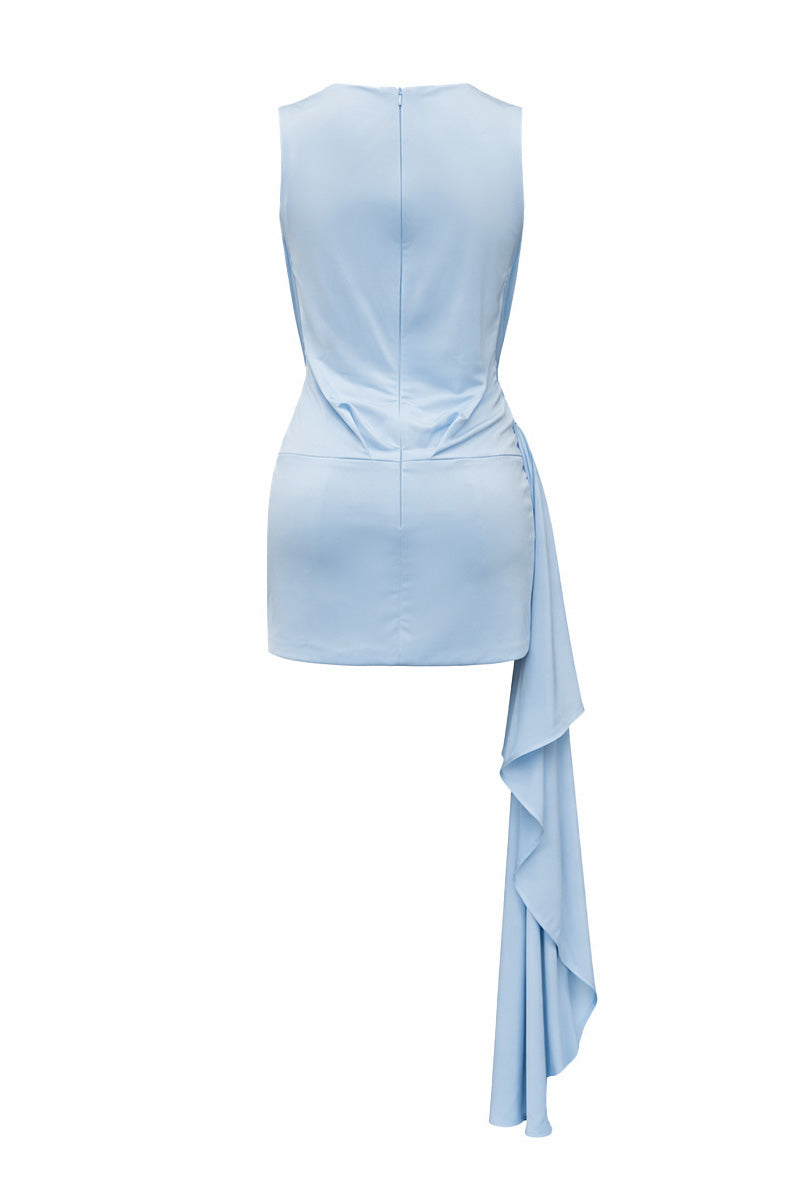 Back view of Gigii's Harel Dress in Cloud Blue, a stylish mini dress with a flowing design and soft fabric.