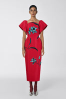 Red Tiny Ink Flare Orchid Midi Dress displayed on a mannequin, featuring a fitted waist and flared skirt for a stylish look.