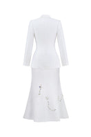 White Shadow Iris blazer and midi skirt co-ords set by Tiny Ink, featuring a tailored blazer and matching high-waisted skirt.