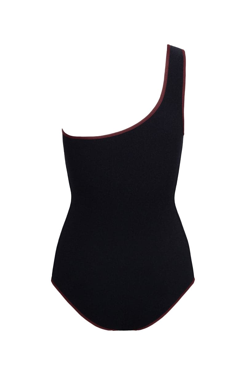 Black reversible asymmetrical swimsuit by Talia Collins, featuring a stylish design and bold back detail.