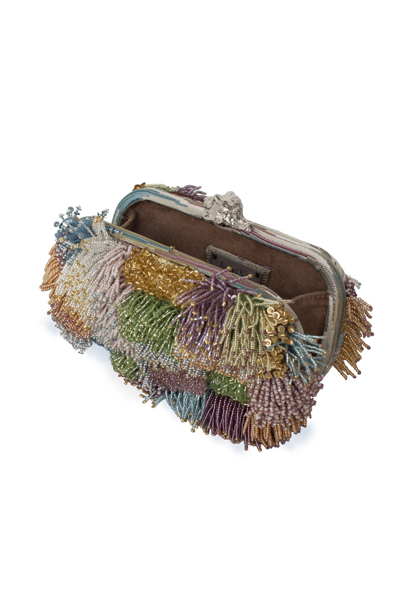 Sarah's Bag Lush Pastel Box Clutch with open side showing pastel-colored interior and elegant design.