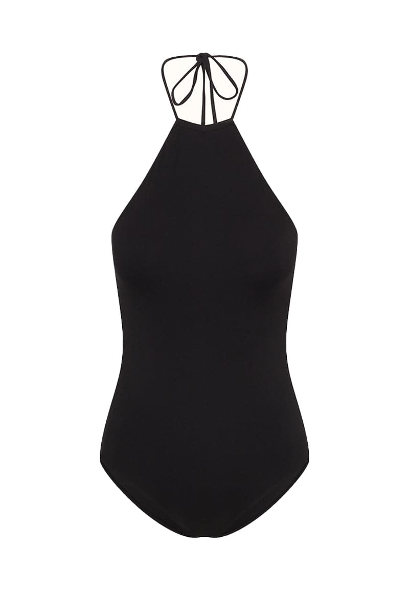 Black Talia Collins Christy swimsuit with sleek design, front view showing smooth fabric and classic swimwear style.