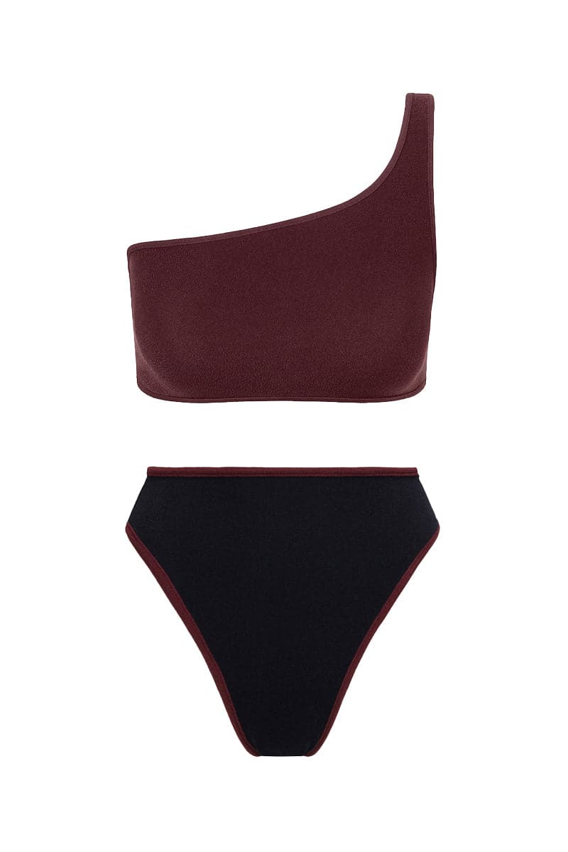 Talia Collins black reversible bikini with a terry top and high-rise, high-cut briefs, featuring an asymmetrical bikini top.