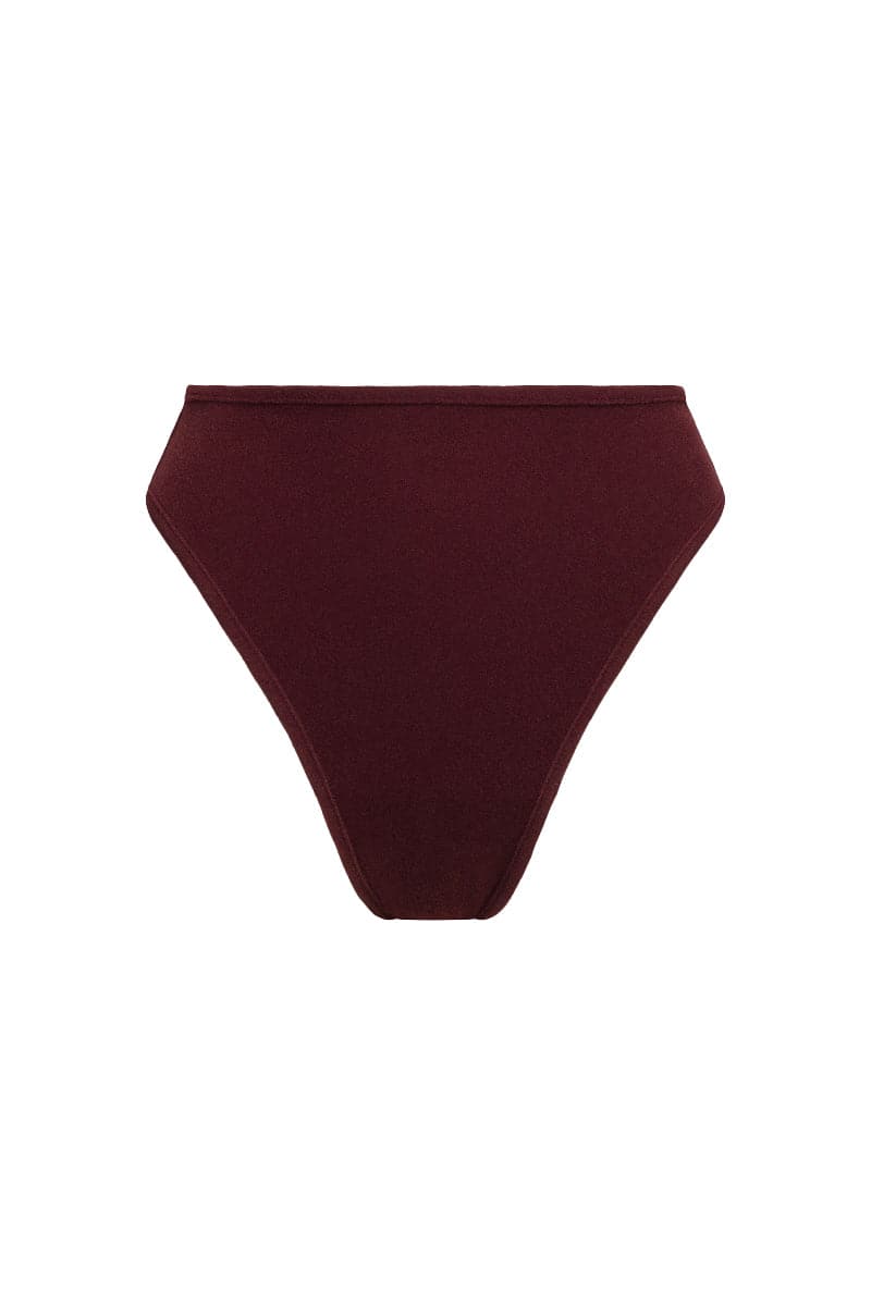 Reversible high-waisted bikini top and high-cut briefs in terry fabric by Talia Collins, shown from the front.