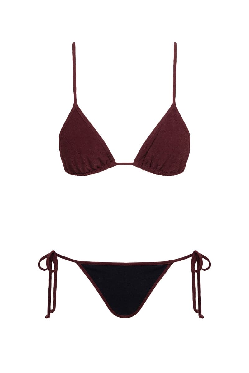 Reversible black bikini with triangle top and tie-side briefs by Talia Collins, featuring a terry cloth texture.