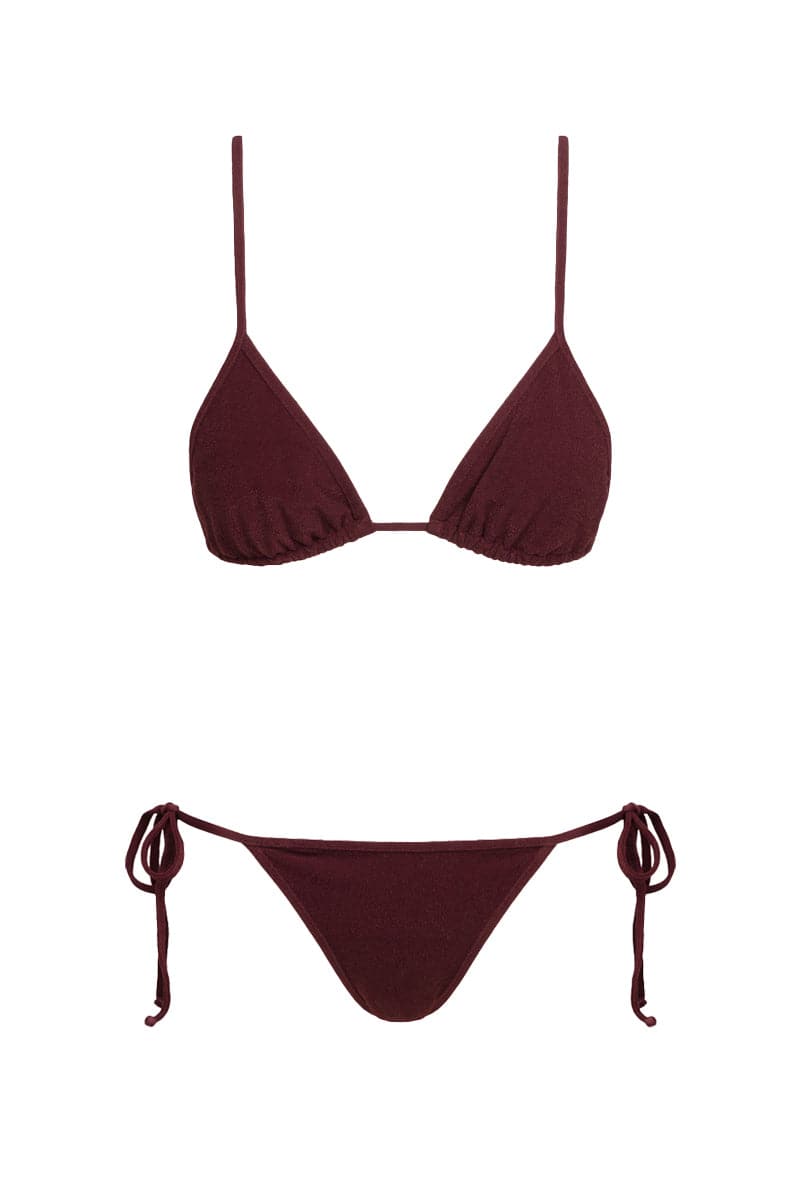 Reversible Talia Collins bikini with Terry triangle top and tie-me-up briefs, featuring vibrant, tropical-inspired patterns.