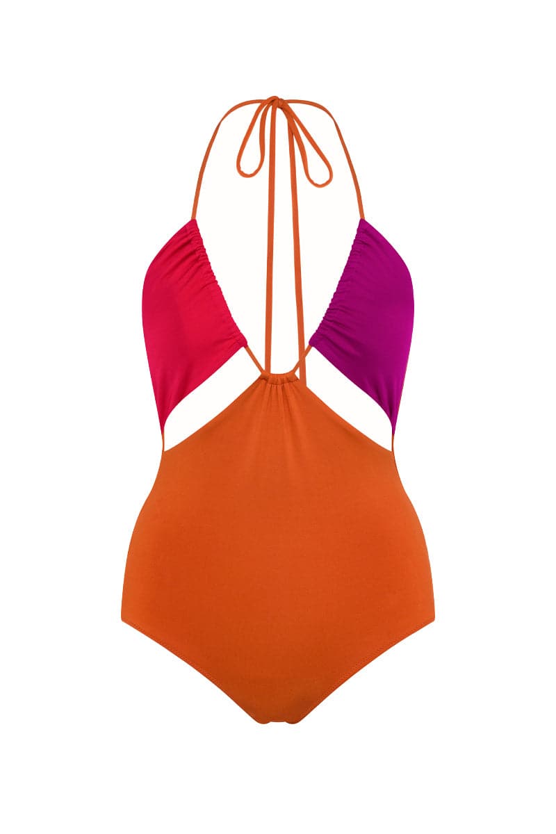 Talia Collins The Elle color block swimsuit featuring bold, contrasting panels and a sleek, fitted design for swimwear.