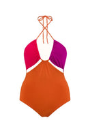 Talia Collins The Elle color block swimsuit featuring bold geometric patterns and vibrant colors, front view of the stylish swimwear.