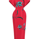 Red The Flare Orchid Midi Dress by Tiny Ink, showcasing a flowy, elegant midi dress with a fitted waist and stylish neckline.