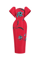 Red The Flare Orchid Midi Dress by Tiny Ink, showcasing a flowy, elegant midi dress with a fitted waist and stylish neckline.